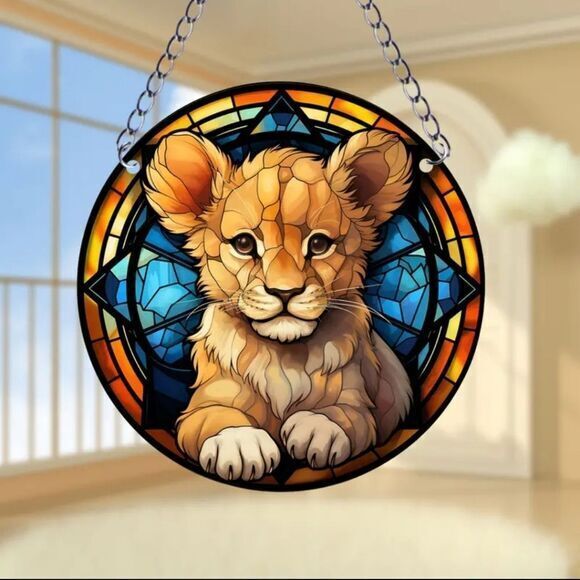 Baby Lion Acrylic Sun-Catcher Pendant with Hanging‎ Chain 5.9 ×5.9 Inches - Picture 1 of 6